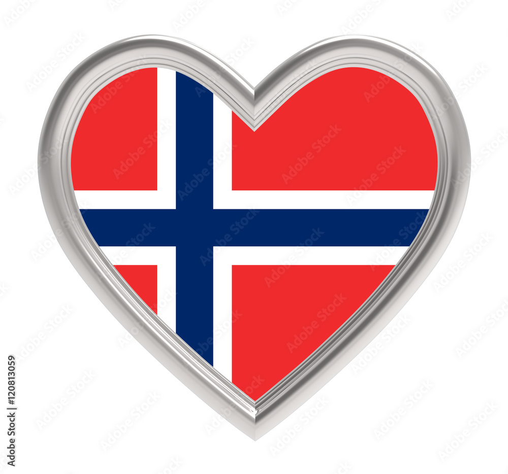 Obraz premium Norwegian flag in silver heart isolated on white background. 3D illustration.