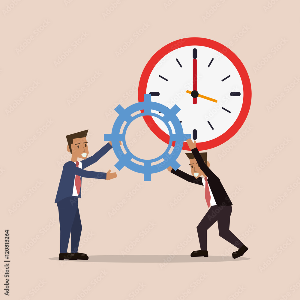 flat design clock with business people and office related icons vector illustration flat design clock with business people and office related icons vector illustration