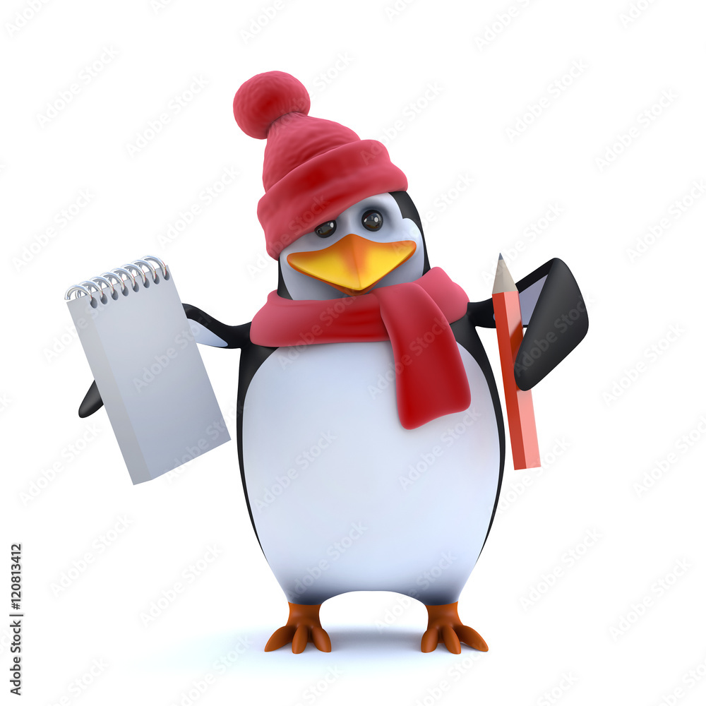 Fototapeta premium 3d WInter penguin has a notepad and pencil