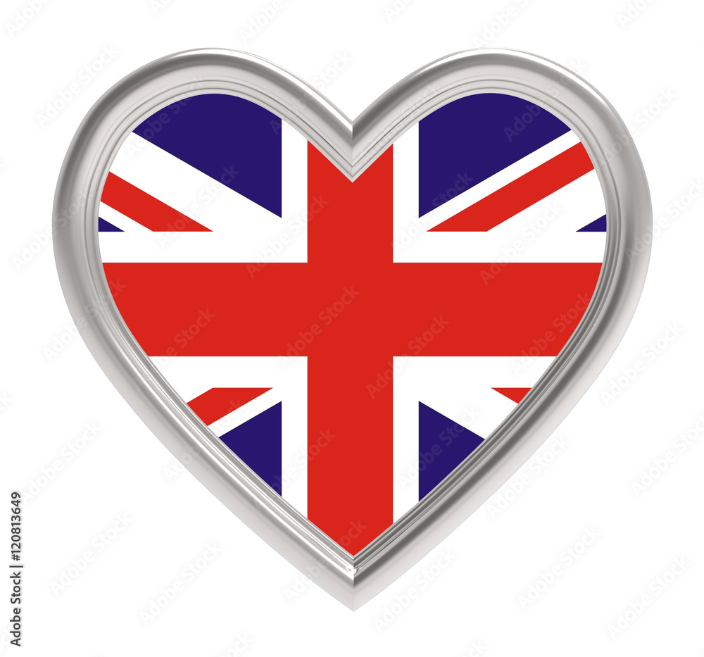 Obraz premium UK flag in silver heart isolated on white background. 3D illustration.