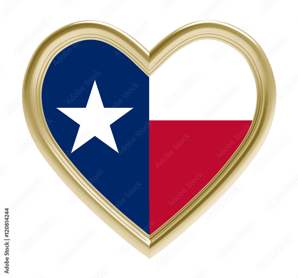 Texas flag in golden heart isolated on white background. 3D illustration. Texas flag in golden heart isolated on white background. 3D illustration.