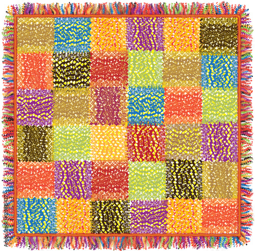 Colorful grunge striped patchwork motley carpet with fringe