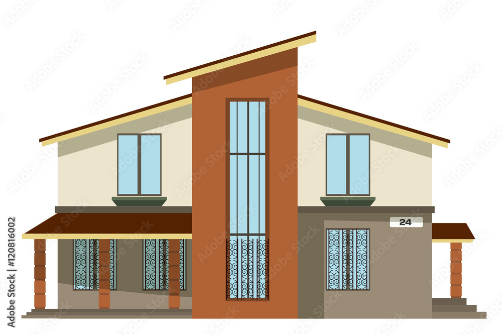 Flat style. Cartoon building. Modern two-storey private house wi Flat style. Cartoon building. Modern two-storey private house wi