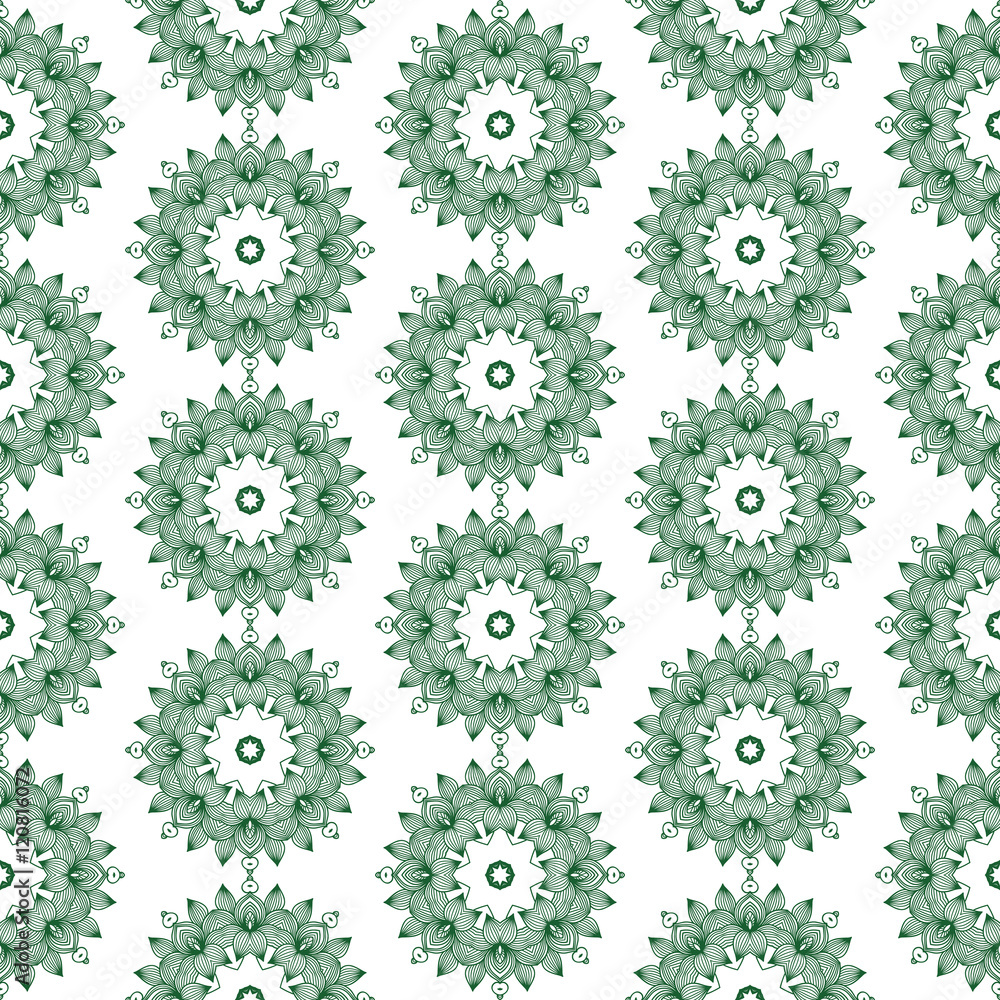 Seamless vector background with ethnic pattern. Damask round floral ornament.