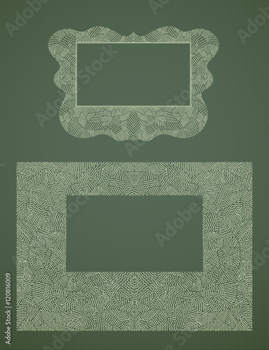 A set of frames in extended horizontal form. The chaotic and dense filling
form an abstract pattern. Small bands and lines inscribed in a rectangle.