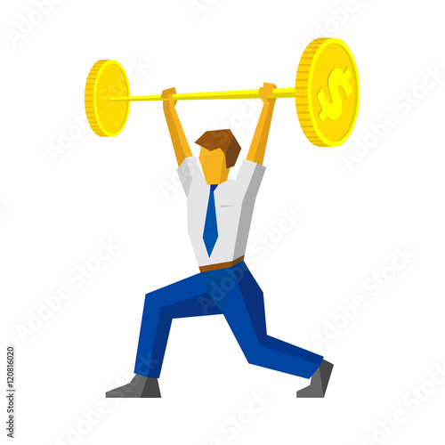 Businessman raises a bar with coins like weightlifter