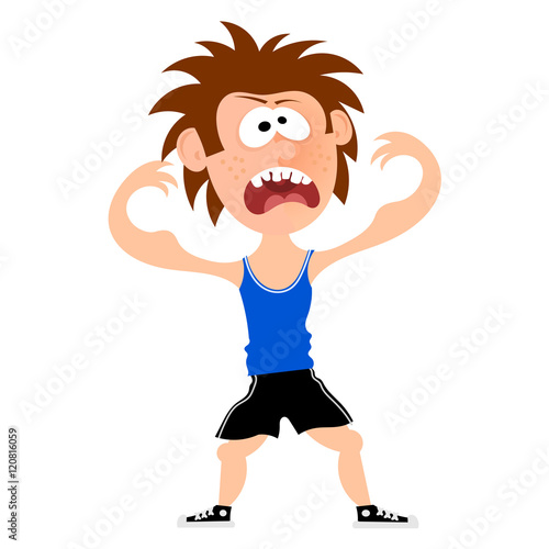 Angry disgruntled teenager pose bodybuilder isolated on a white