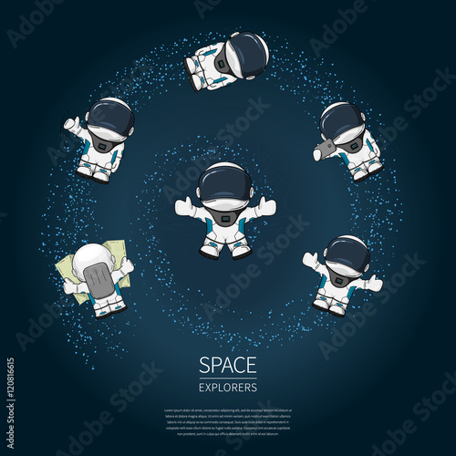 Set of Hand drawn cartoon astronaut in space suit. Line art cosmic vector illustration.