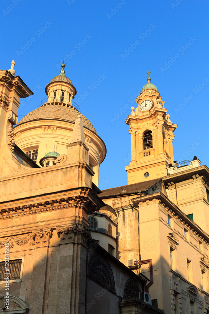 Dome and belfry of Church Chiesa del Gesu in Genoa, Italy