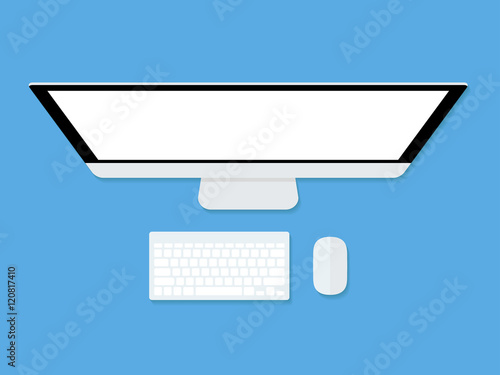 Monitor with keyboard and computer mouse. Top view. Vector illustration.