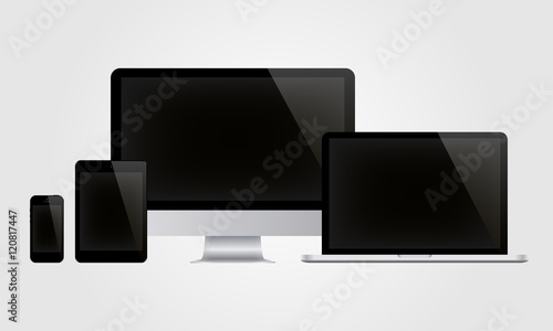 Set of realistic computer monitor, computer, laptop, phone, tablet isolated on white background. Vector illustration.