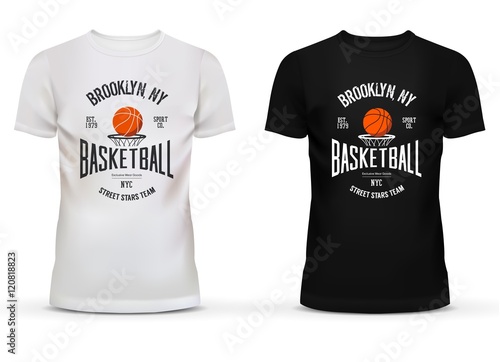 T-shirt cotton sportswear with basketball theme. Adult or teenager wear with ball and basket saying brooklyn new york or NYC. Can be used for sport shop advertisement and casual dress theme