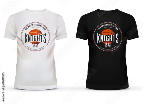 Basketball logo on u-neck t-shirt. Ball and basket exclusive sportswear trademark for Los Angeles, California professional or streetball team. Can be used for men or women unisex clothing