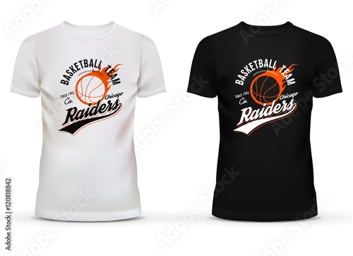 White and black t-shirt with basketball ball and fire trail for chicago raiders team. Limited sportswear edition for professional team fans. Good for usage in clubs or advertising cloth shop theme