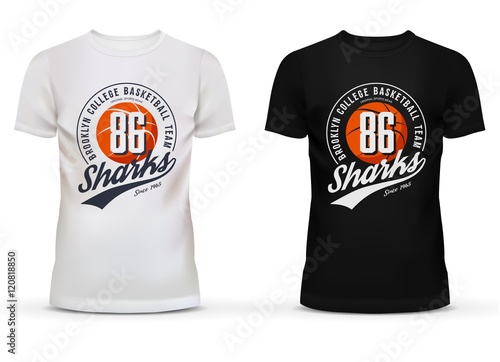 Basketball ball on u-neck t-shirt for new york college team fans. Printing on brooklyn sportswear men and women clothing for sharks amateur team. Perfectly for cloth shops advertising theme