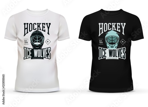 Hockey theme printing on t-shirt with goalkeeper or goalie helmet. Ice wolves legendary team advertisment on cotton sportswear or uniform. Good for athletic fans and cloth trading shops