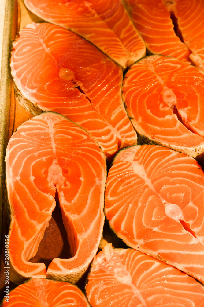 Raw Pink salmon fillet chunks at fish market Raw Pink salmon fillet chunks at fish market