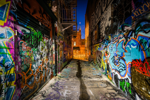 Graffiti Alley at night, in the Station North District, of Balti