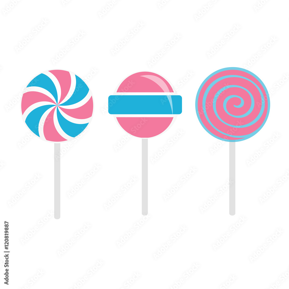 Lollipops set. Candy on stick with twisted design. Baby pink and baby blue color. Vector illustration. Lollipops set. Candy on stick with twisted design. Baby pink and baby blue color. Vector illustration.