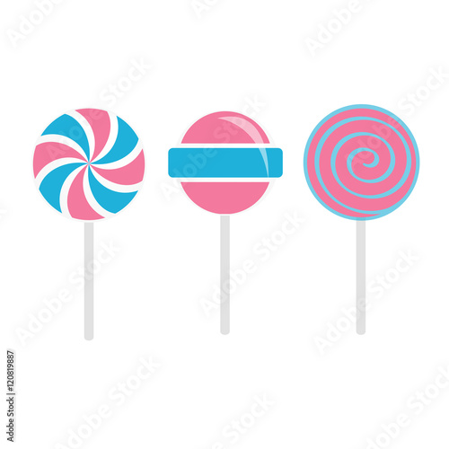 Lollipops set. Candy on stick with twisted design. Baby pink and baby blue color. Vector illustration.