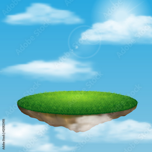 Floating island in sky among the clouds, vector illustration.