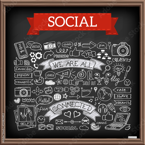 Doodle social media icons set with chalkboard effect
