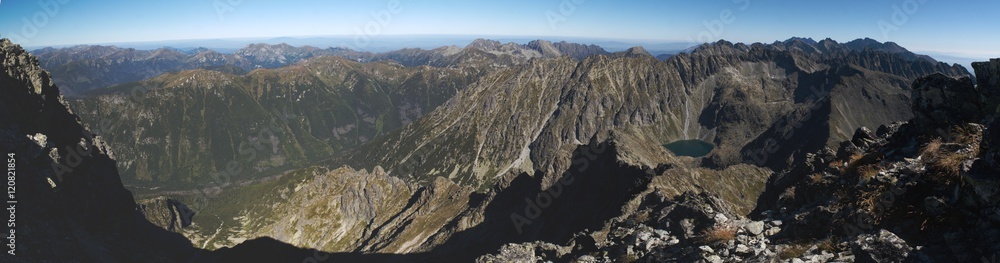 west and east panorama view from Krivan in Vysoke Tatry mountains in Slovakia