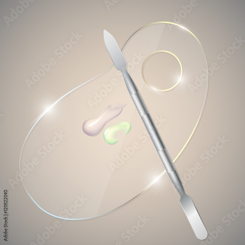 Palette for mixing beauty products. Makeup mixing palette and spatula tool. Vector illustration.