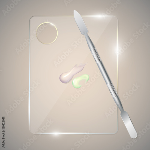 Palette for mixing beauty products. Makeup mixing palette and spatula tool. Vector illustration.