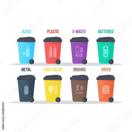 recycle waste bins vector illustration different types of recycling wastes. trash segregation for utilizing process. light bulb, paper, plastic, organic, glass, metal, batteries, clothes, e-waste