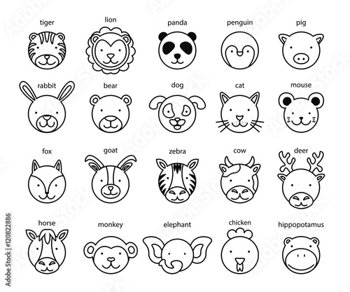 Line Animal Head Icon Set. Vector Illustration.