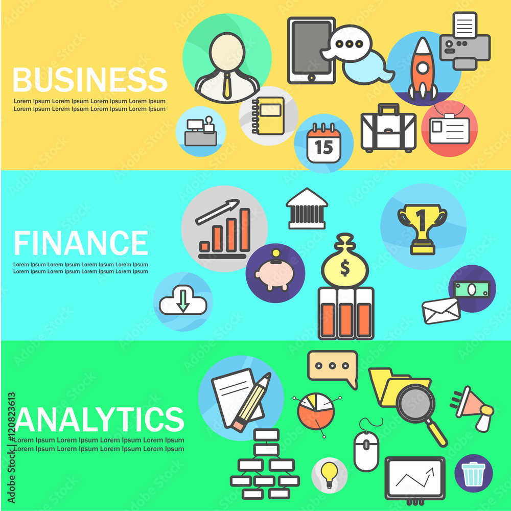 Business, Finance and Analytics Banners with Line Icons. Vector Illustration