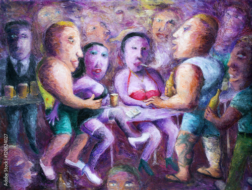 Canvas Print Group of people nightlife prostitution drinking and partying in