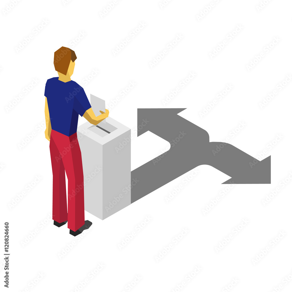 Isometric 3D man put paper in election box. Choice concept. Isometric 3D man put paper in election box. Choice concept.