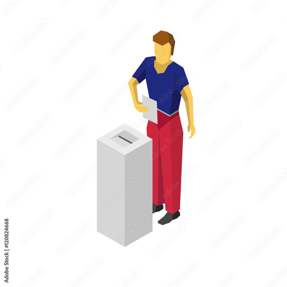 Isometric 3D man put voting paper in election box