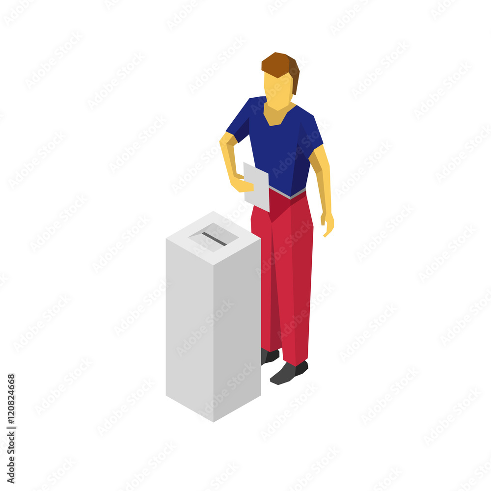 Isometric 3D man put voting paper in election box Isometric 3D man put voting paper in election box