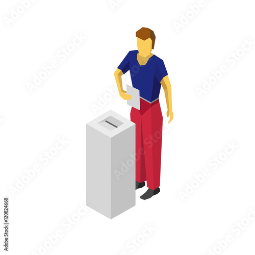 Isometric 3D man put voting paper in election box