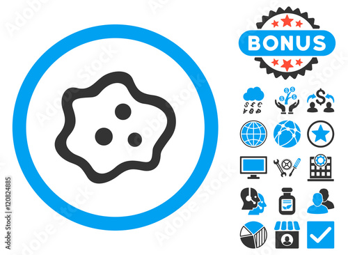 Amoeba icon with bonus symbols. Vector illustration style is flat iconic bicolor symbols, blue and gray colors, white background.