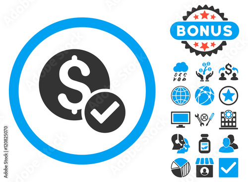 Approved Payment icon with bonus design elements. Vector illustration style is flat iconic bicolor symbols, blue and gray colors, white background.