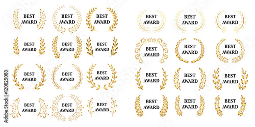 Best award mega set. Vector gold award laurel wreath. White version. Isolated vector illustrations