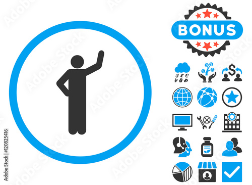 Assurance icon with bonus design elements. Vector illustration style is flat iconic bicolor symbols, blue and gray colors, white background.