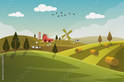 Farm field flat countryside landscape. Organic food agriculture concept for any design. Farmland with farm house, hay bale, barn, mill, windmill, sheep, cow, Background vector illustration.