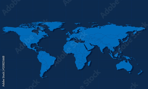 Blue world map with countries. Vector illustration flat design
