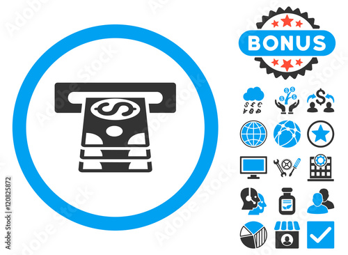Bank Cashpoint icon with bonus pictures. Vector illustration style is flat iconic bicolor symbols, blue and gray colors, white background.