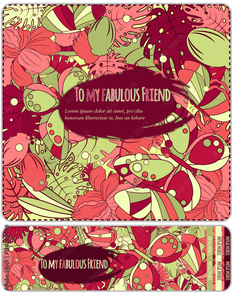 Naklejka premium Set Floral card design, flowers, leaf , butterfly, herbs doodle elements. Vector decorative invitation. childish style. elements are not cropped and hidden under mask