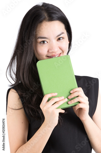 Asian lady holding an ebook reader