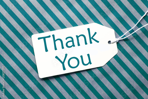 Label On Turquoise Wrapping Paper, Text Thank You