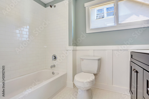 Blue bathroom interior with black vanity cabinet  toilet and white bath tub