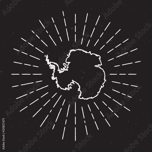 Antarctica Vector Map Outline with Vintage Sunburst Border. Hand Drawn Map with Hipster Decoration Element. Radiant Light Rays around country Map on Black Background.