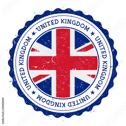 Grunge rubber stamp with United Kingdom flag. Vintage travel stamp with circular text, stars and national flag inside it. Vector illustration.